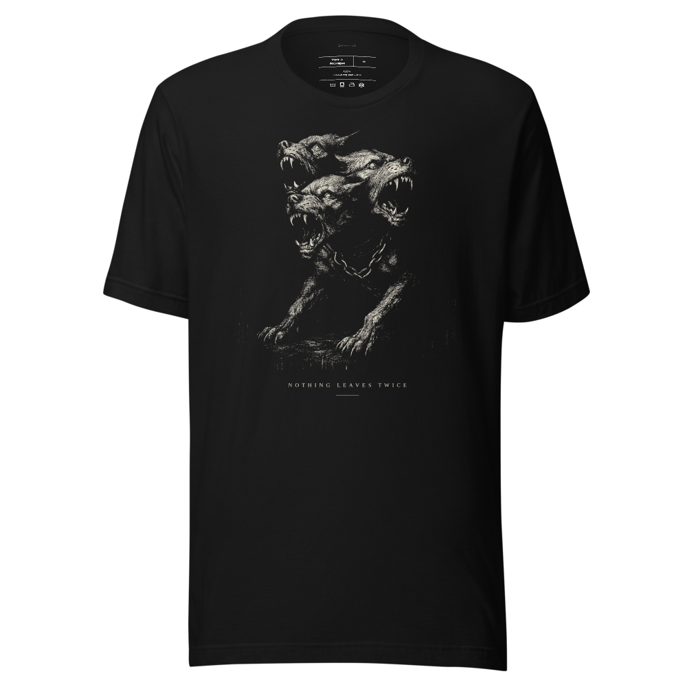 Cerberus graphic tee, dark mythology shirt, chiaroscuro etching art, unisex streetwear black tee | moody aesthetic gift for him or her