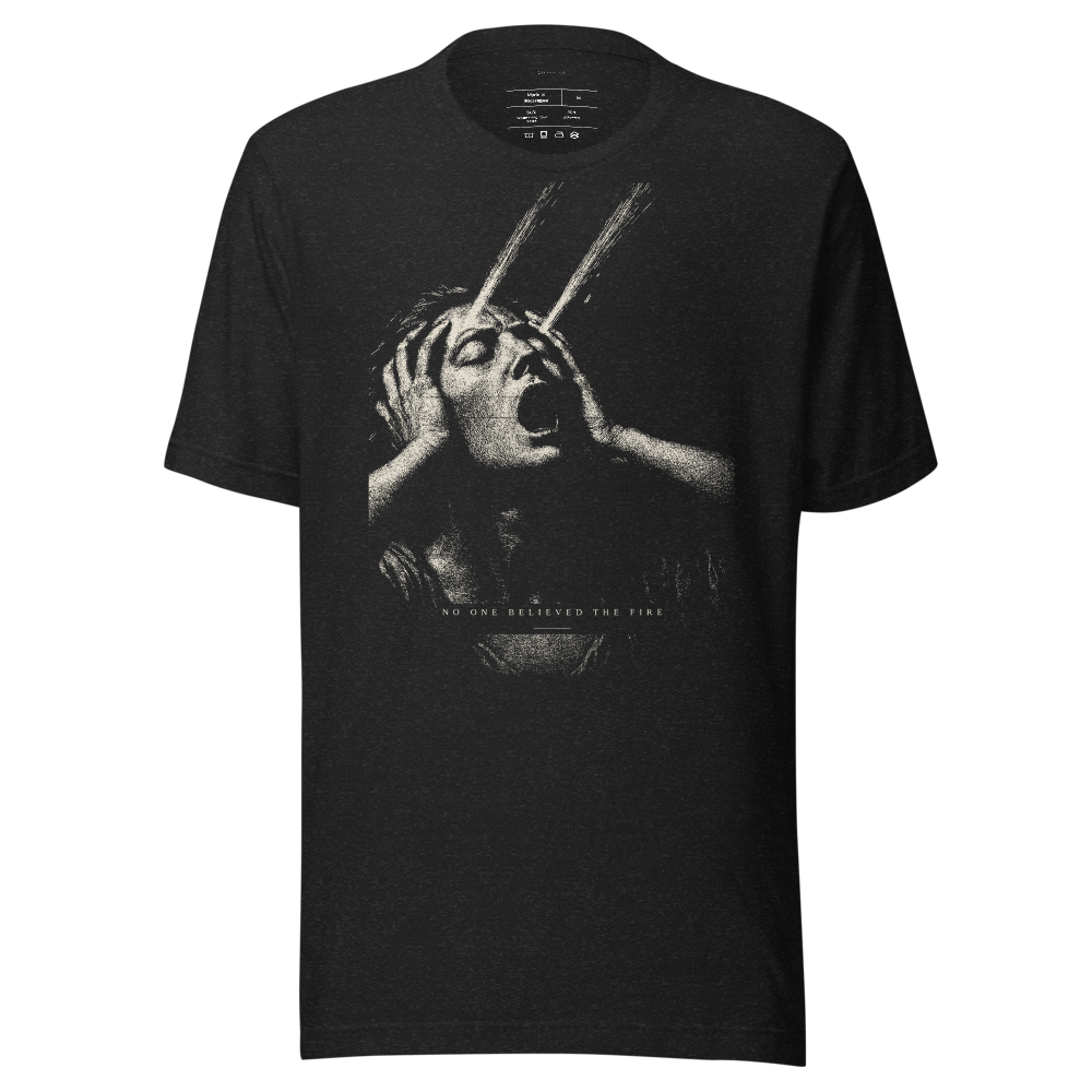 Cassandra Burning graphic tee, dark mythic streetwear shirt, vintage monochrome etching, unisex aesthetic t-shirt, gift for him or her