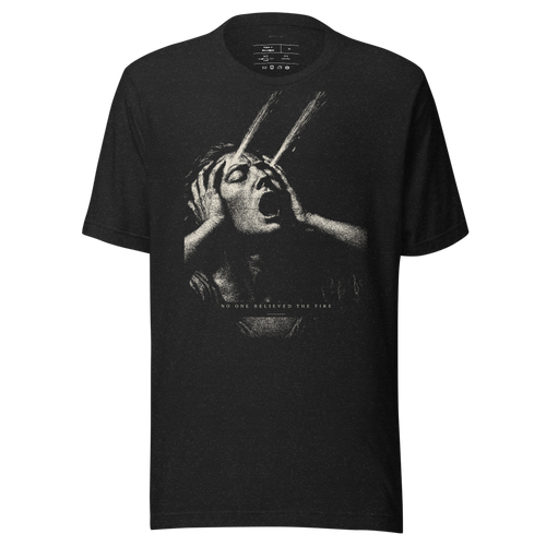 Cassandra Burning graphic tee, dark mythic streetwear shirt, vintage monochrome etching, unisex aesthetic t-shirt, gift for him or her
