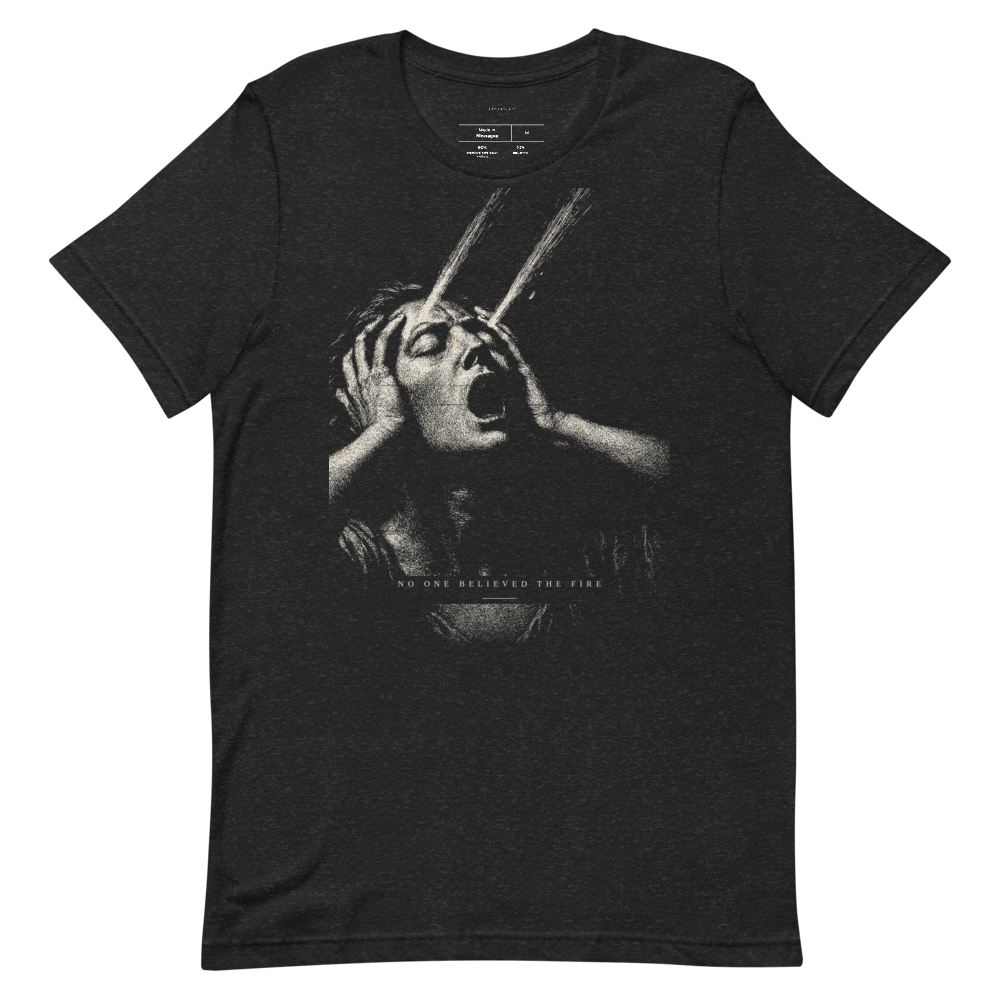 Cassandra Burning graphic tee, dark mythic streetwear shirt, vintage monochrome etching, unisex aesthetic t-shirt, gift for him or her