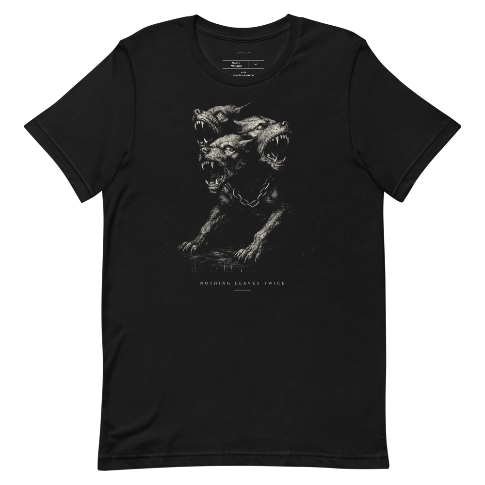 Cerberus graphic tee, dark mythology shirt, chiaroscuro etching art, unisex streetwear black tee | moody aesthetic gift for him or her
